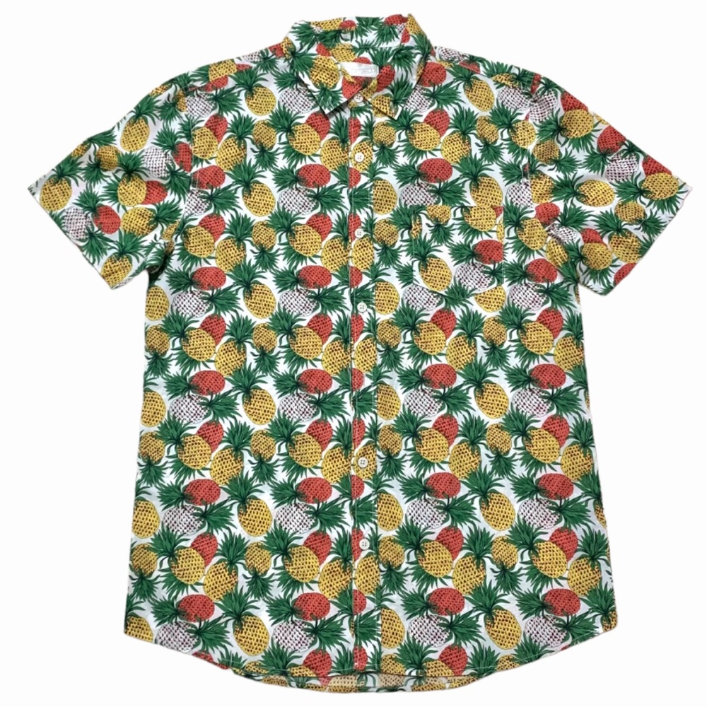 🛍️OXFORD LADS Pineapple Print Short Sleeve Button Down Men Cotton Shirt - Size S